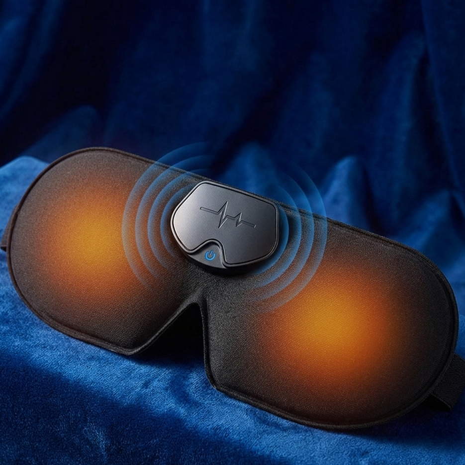 Sleep mask with a black control panel on a blue fabric background